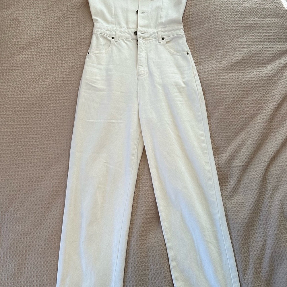 Afends Cream Straight Leg Denim Jumpsuit